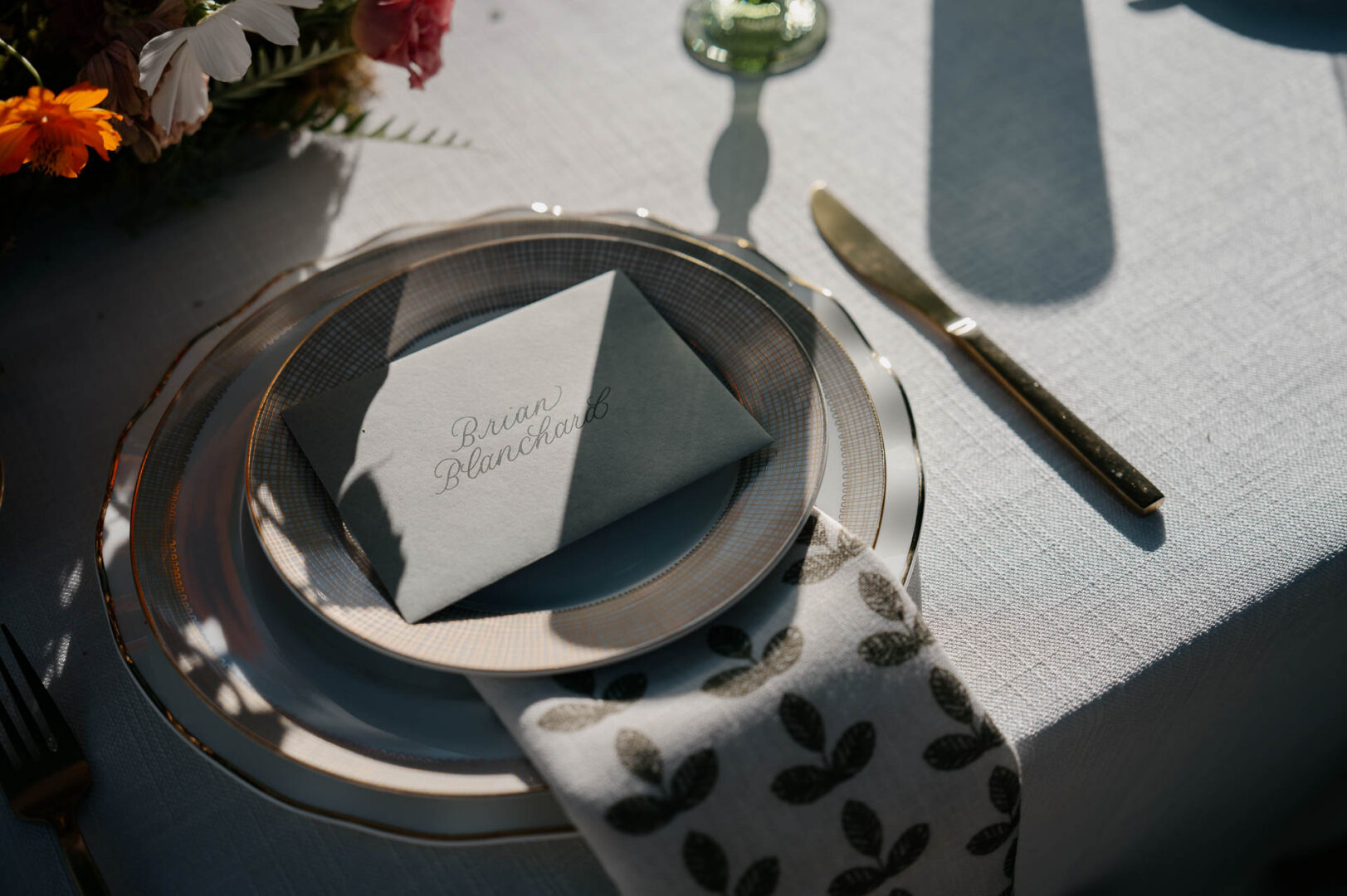Place setting and menu detail from The Kendall wedding reception.