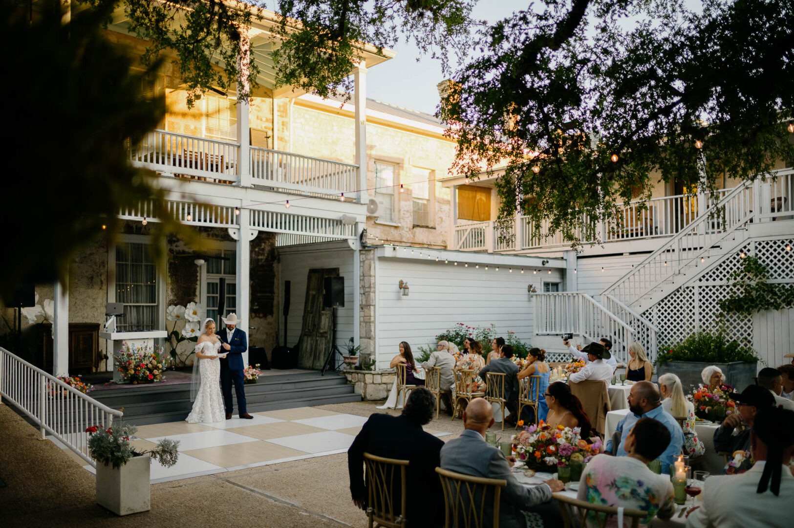 Historic exterior of The Kendall during a Boerne wedding celebration.