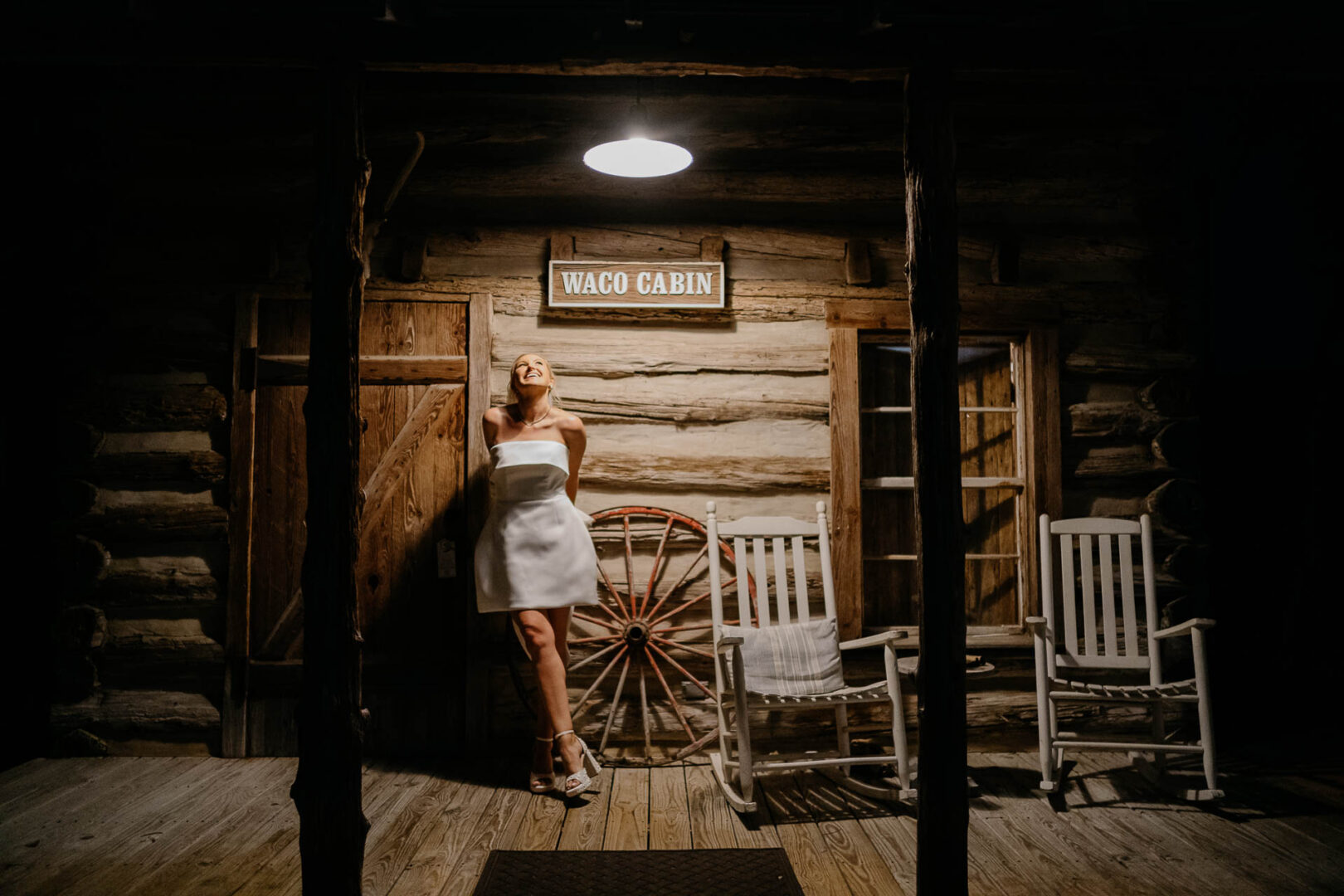 Bride at waco Cabin in her evening dress